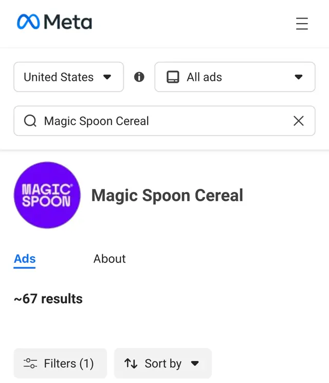 Meta Ad Library: Magic Spoon Cereal sayfası, Amerika, aktif reklamlar, yaklaşık 67 sonuç