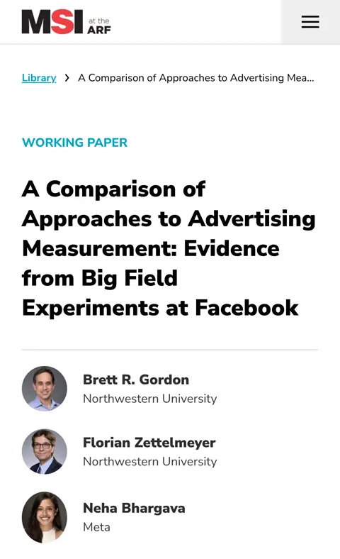 MSI: A Comparison of Approaches to Advertising Measurement: Evidence from Big Field Experiments at Facebook