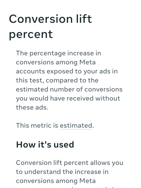 Meta Business Help Center: Conversion lift percent tanımı
