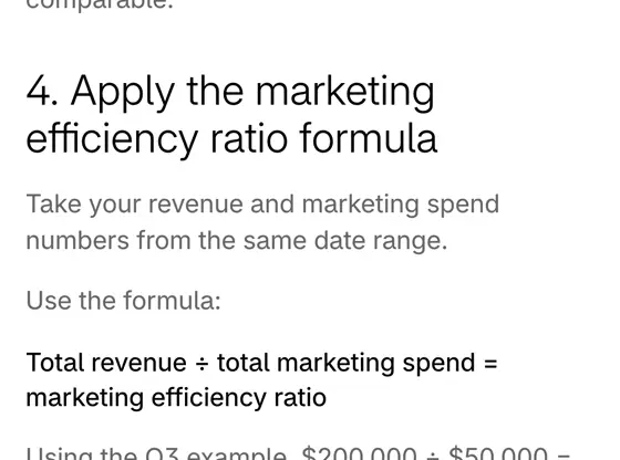 Shopify blog: Total revenue ÷ total marketing spend = marketing efficiency ratio