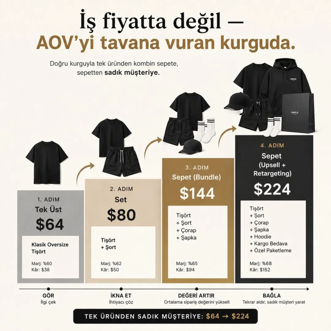 AOV tırmanış şeması: 64 dolarlık tek üstten 224 dolarlık kurgulanmış sepete dört basamak