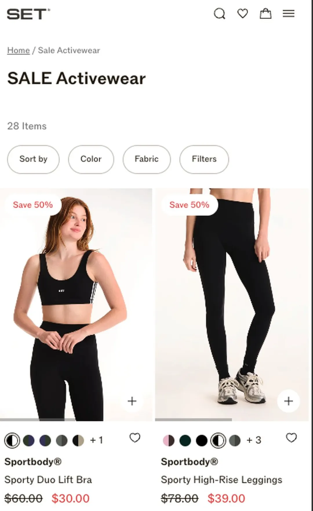 Set Active “SALE Activewear” koleksiyonu: 28 ürün, “Save 50%” rozetleri, üstü çizili fiyatlar
