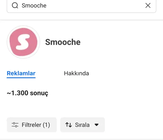 Meta Ad Library'de Smooche sayfası: yaklaşık 1.300 sonuç