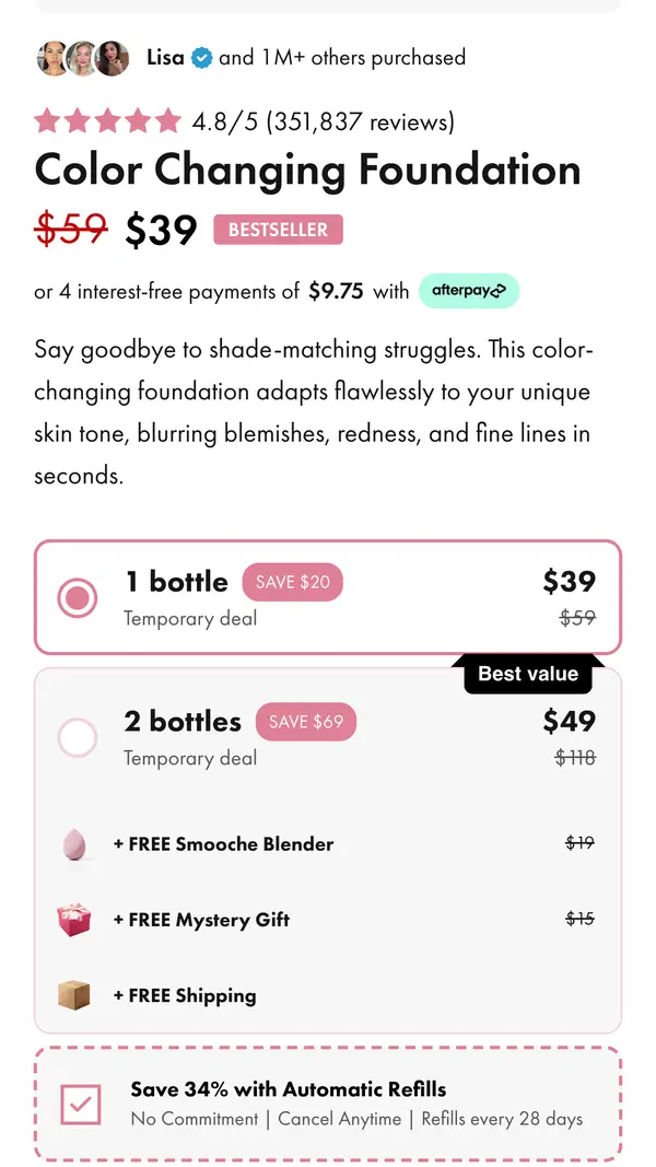 Ürün sayfası: 59 dolar üstü çizili 39 dolar, 4 taksitte 9,75 dolar, 1 şişe 39 dolar, 2 şişe 49 dolar (118 yerine) SAVE 69 dolar, ücretsiz blender, mystery gift, kargo, otomatik yenileme ile yüzde 34 tasarruf