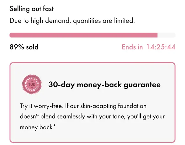 Selling out fast, 89% sold, Ends in geri sayım ve 30-day money-back guarantee kutusu