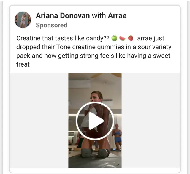 Meta Ad Library: Ariana Donovan with Arrae, Sponsored. Creator'ın kendi videosu, Arrae'nin yeni gummy ürününü anlatıyor