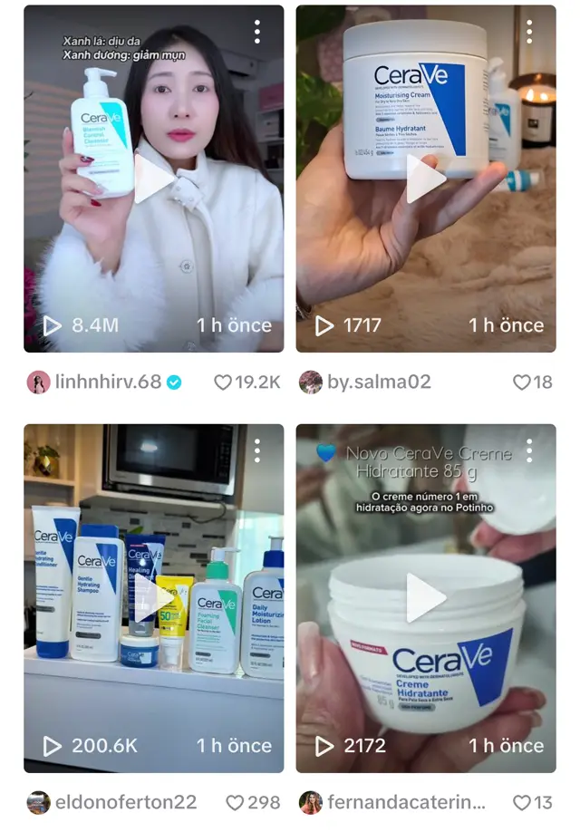 TikTok'ta CeraVe TikTok Shop araması: farklı creator'ların CeraVe videoları, 8,4M, 200,6 bin, 2.172 ve 1.717 izlenme