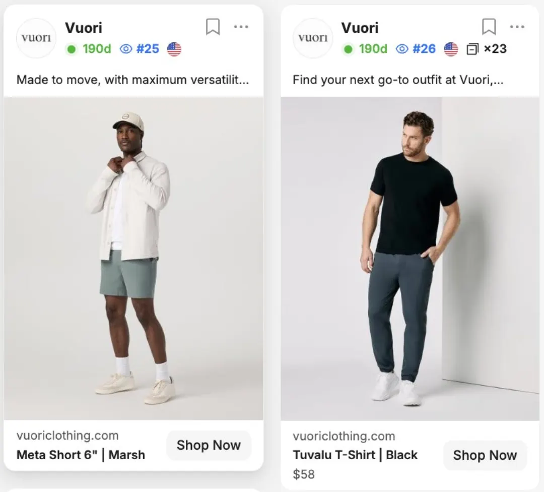 İki Vuori reklamı: Meta Short 6 inç Marsh ve Tuvalu T-Shirt Black 58 dolar, ikisi de 190 gündür yayında