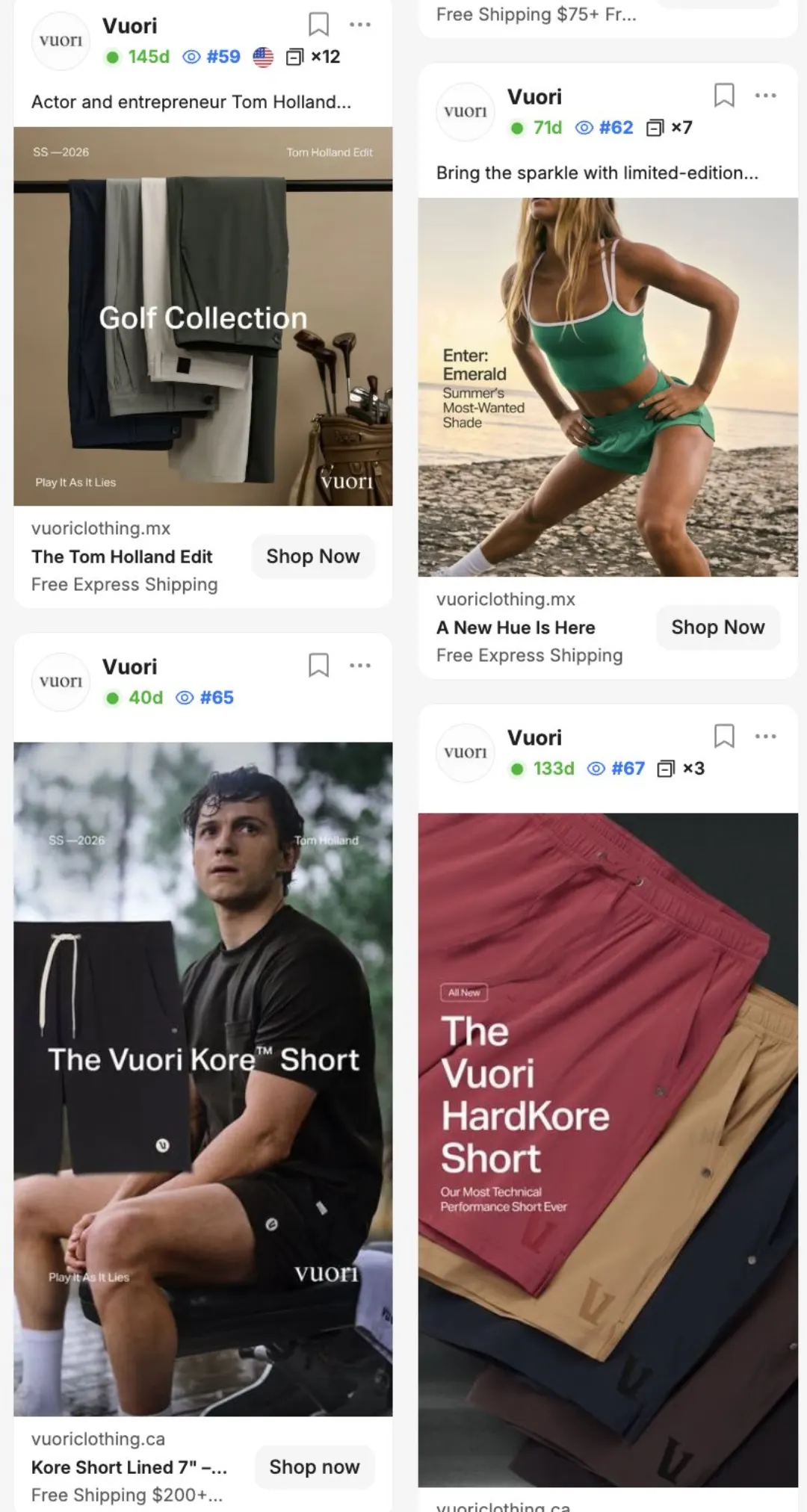 Vuori reklam grid'i: Tom Holland Edit Golf Collection, Emerald renk lansmanı, Kore Short ve HardKore Short