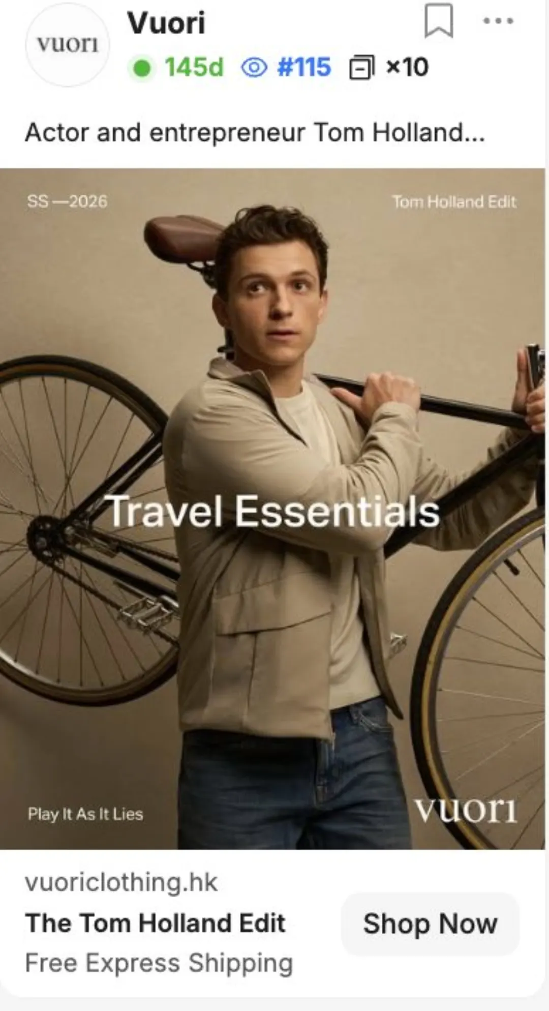 Tom Holland Edit reklamı: Travel Essentials, 145 gündür yayında, 10 varyasyon, Hong Kong sitesine gidiyor