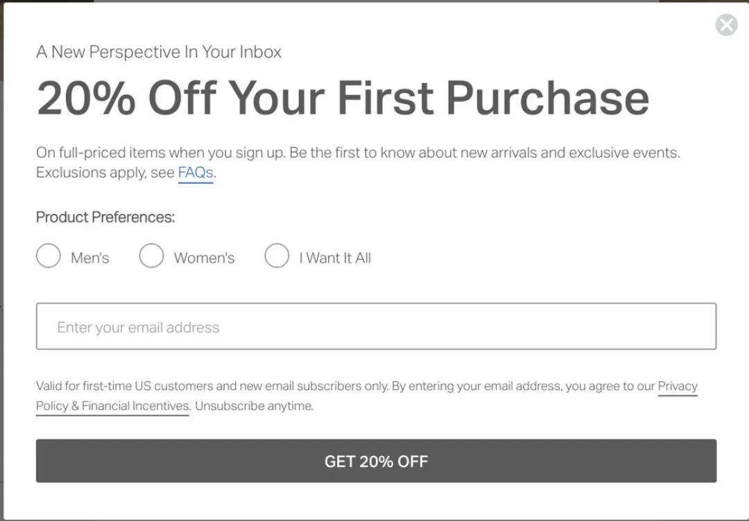 Vuori sitesindeki pop-up: 20% Off Your First Purchase, altında Men's / Women's / I Want It All seçenekleri
