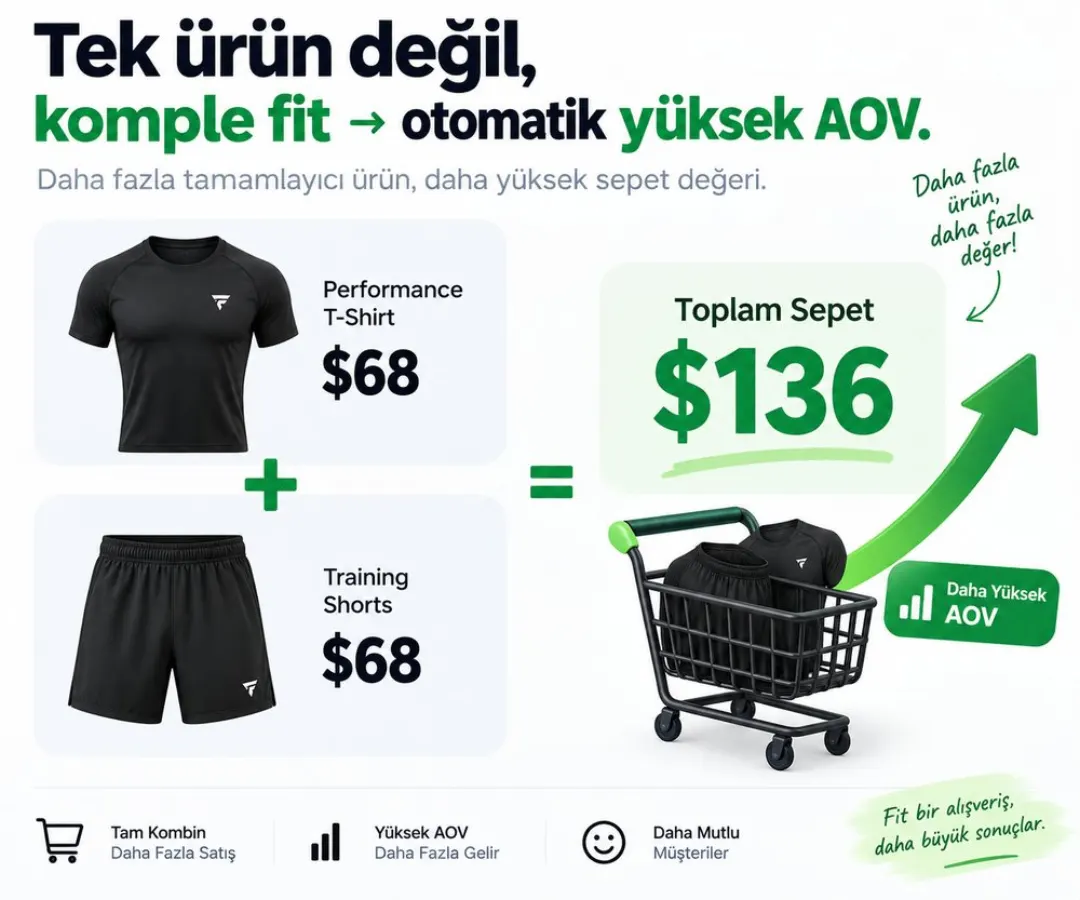 AOV diyagramı: 68 dolar üst artı 68 dolar alt eşittir 136 dolar toplam sepet