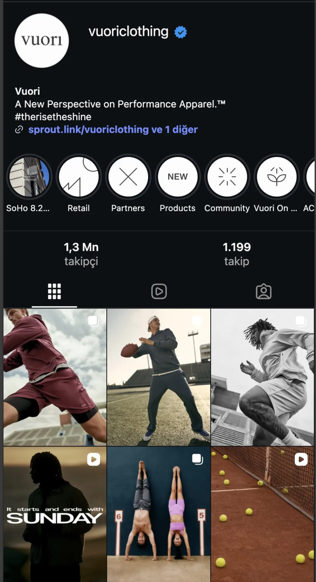 Vuori Instagram profili: 1,3 milyon takipçi, öne çıkanlarda Retail, Partners, Products, Community başlıkları