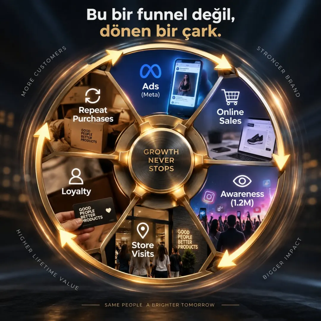 Flywheel diyagramı: Ads (Meta), Online Sales, Awareness 1.2M, Store Visits, Loyalty, Repeat Purchases